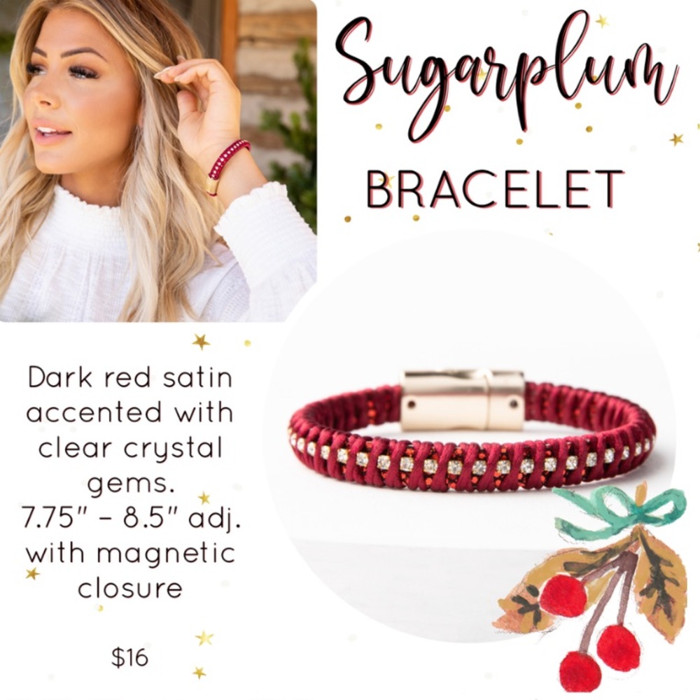 Plunder Sugarplum Bracelet | NWT | Adjustable Dark Red Satin with Crystal Accent